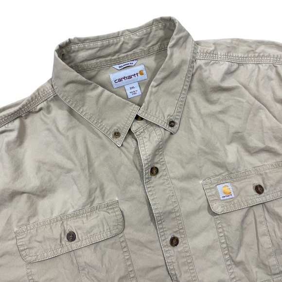 Carhartt 2XL Beige Button Up Relaxed Fit Short sleeve Pockets Cotton Spandex - Picture 2 of 6